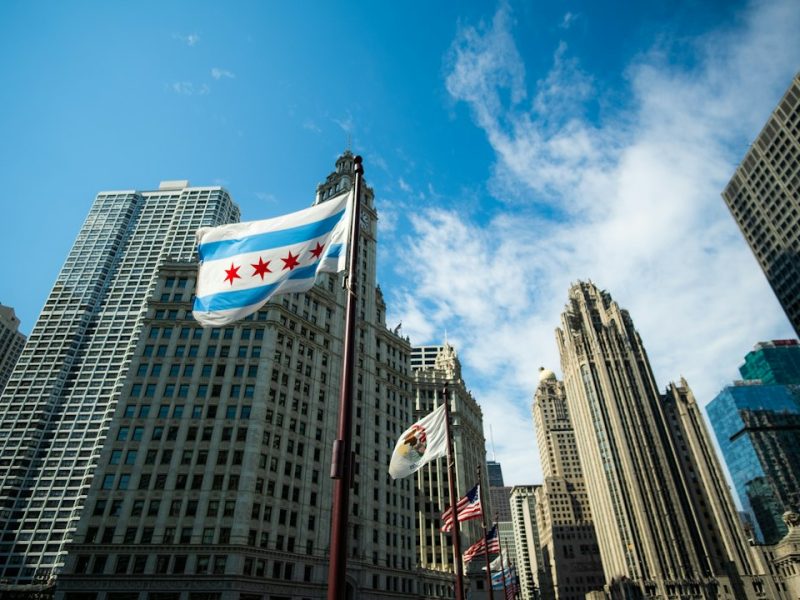 The Chicago flag waving on a sunny day