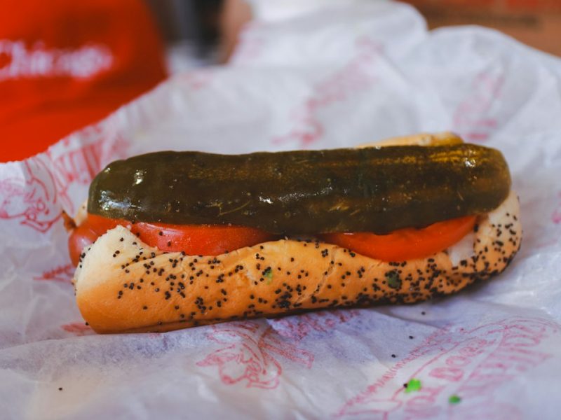 A Chicago-style hot dog with the works