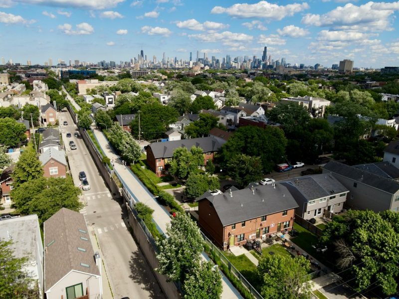 Looking toward downtown Chicago from the 606 trail in Logan Square