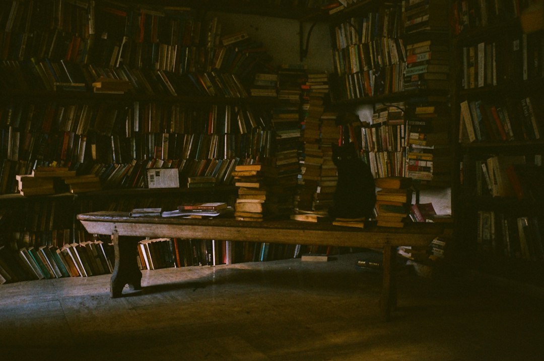 Books lined up on a wooden shelf
