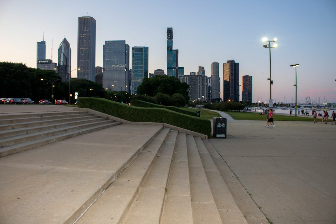 A city park with the skyline in the background