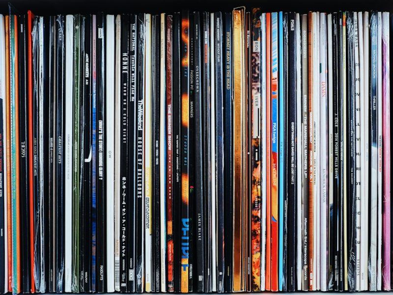 A collection of vinyl records lined up on a shelf
